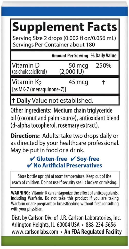 Carlson Super Daily D3 + K2, 50 mcg D3 + 45 mcg MK-7, Heart & Bone Health, 360 Liquid Drops, 10.16 ml