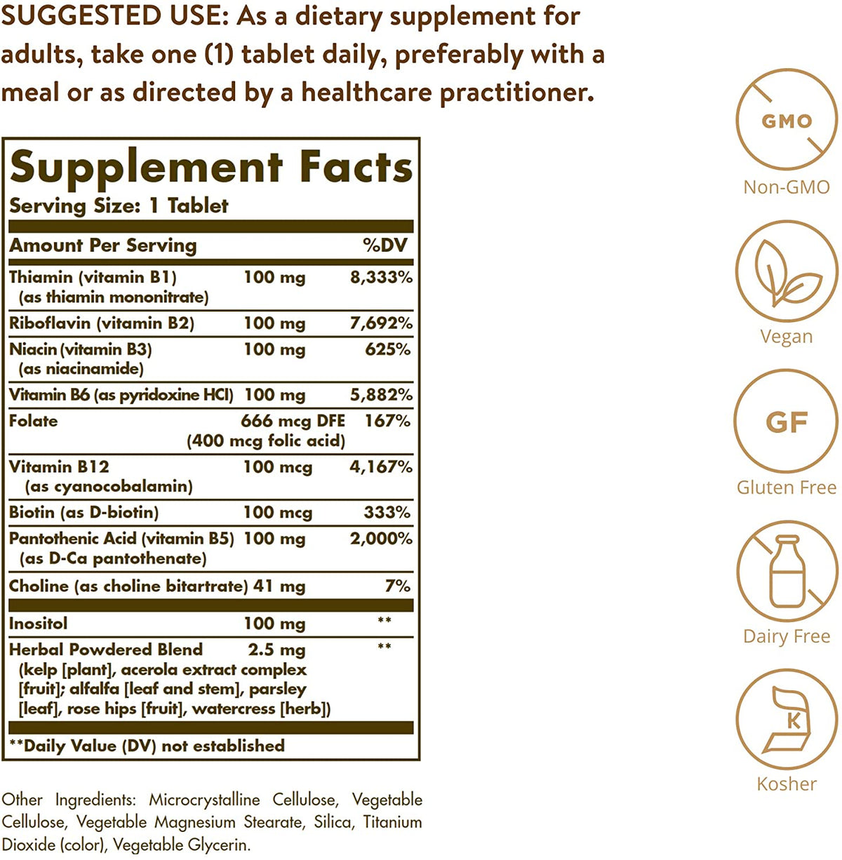 SOLGAR B-Complex 100&quot; - 100 Tablets - Energy Metabolism, Cardiovascular Health, Nervous System Support - Non-GMO, Vegan, Gluten Free - 100 Servings