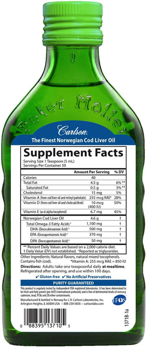 Carlson - Cod Liver Oil, 1100 mg Omega-3s + A & D3, Wild-Caught Norwegian Arctic Cod-Liver Oil, Sustainably Sourced Nordic Fish Oil Liquid, Green Apple, 250 mL (8.4 Fl Oz)
