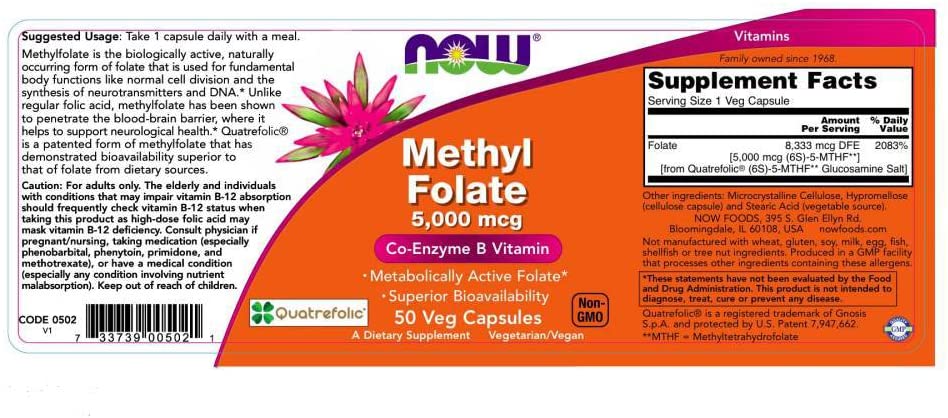 NOW Foods Supplements, Methyl Folate 5000 mcg, Superior Bioavailability, 50 Veg Capsules