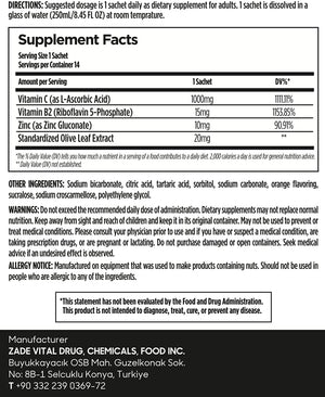 Zade Vital 1000mg Vitamin C Powder with Olive Leaf Extract, Vitamin B2, Zinc Gluconate, Antioxidant & Immune System Support, Supports Skin Health&Collagen Formation, 14 Sachets, Non-GMO, Halal, Kosher