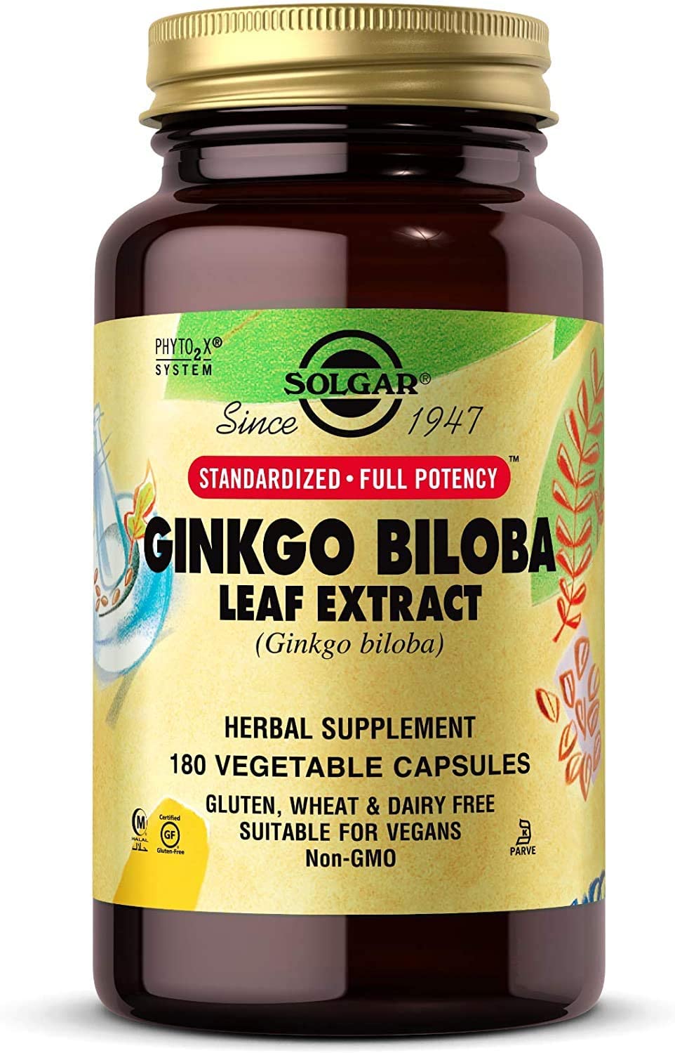 SOLGAR Ginkgo Biloba Leaf Extract - 180 Vegetable Capsules - Standardized Full Potency (SFP) - Non-GMO, Vegan, Gluten Free, Dairy Free, Kosher, Halal - 180 Servings