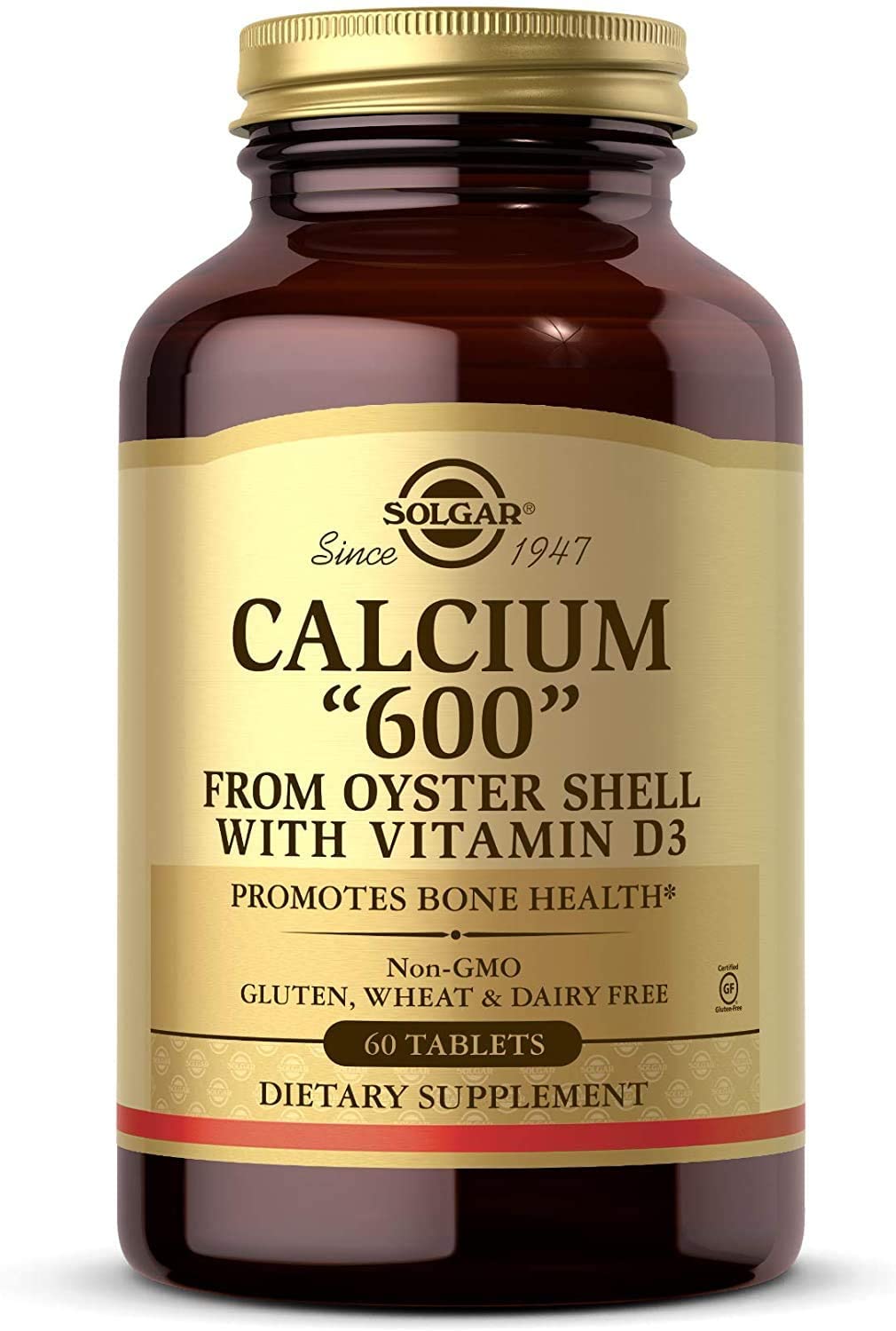 Solgar Calcium &quot;600&quot;, 120 Tablets - Calcium from Oyster Shell with Vitamin D3 - Promotes Bone Health - Enhanced Absorption - Non-GMO, Gluten Free, Dairy Free - 60 Servings
