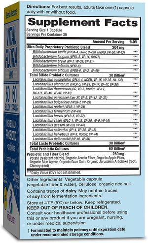 Vital Planet - Vital Flora Ultra Daily Probiotic Supplement with 60 Billion Cultures and 60 Strains, High Potency and Strain Diversity Probiotics for Women and Men with Organic Prebiotics, 30 Capsules
