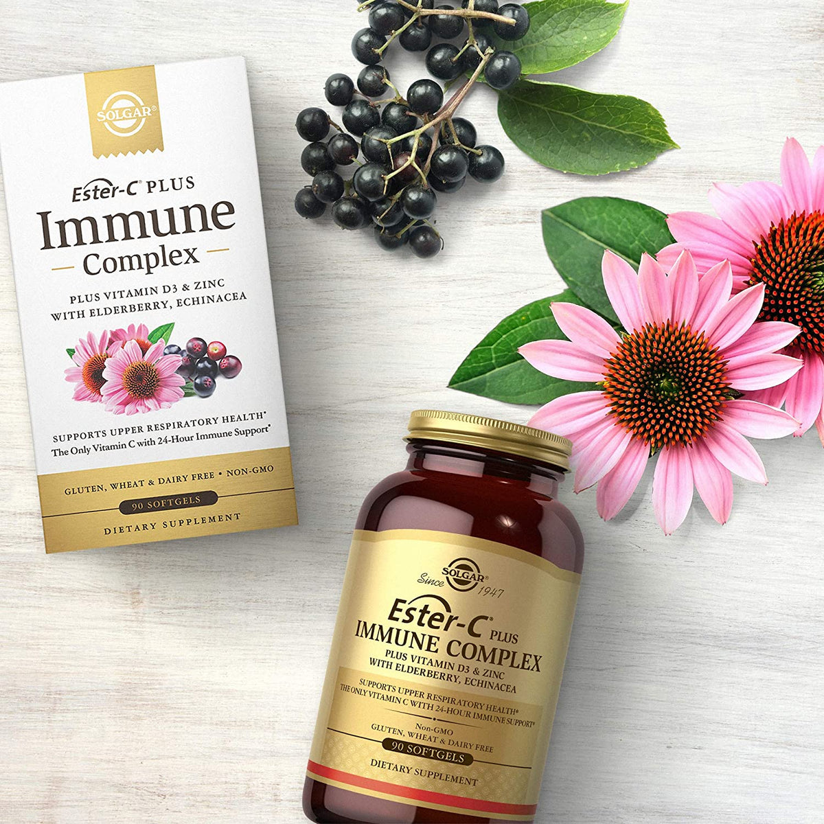 Solgar Ester-C Plus Immune Complex, 24-Hour Immune Support, Supports Upper Respiratory Health - Plus D3, Zinc, Elderberry &amp; Echinacea - Non-GMO, Gluten Free, Dairy Free - 45 Servings, 90 Softgels