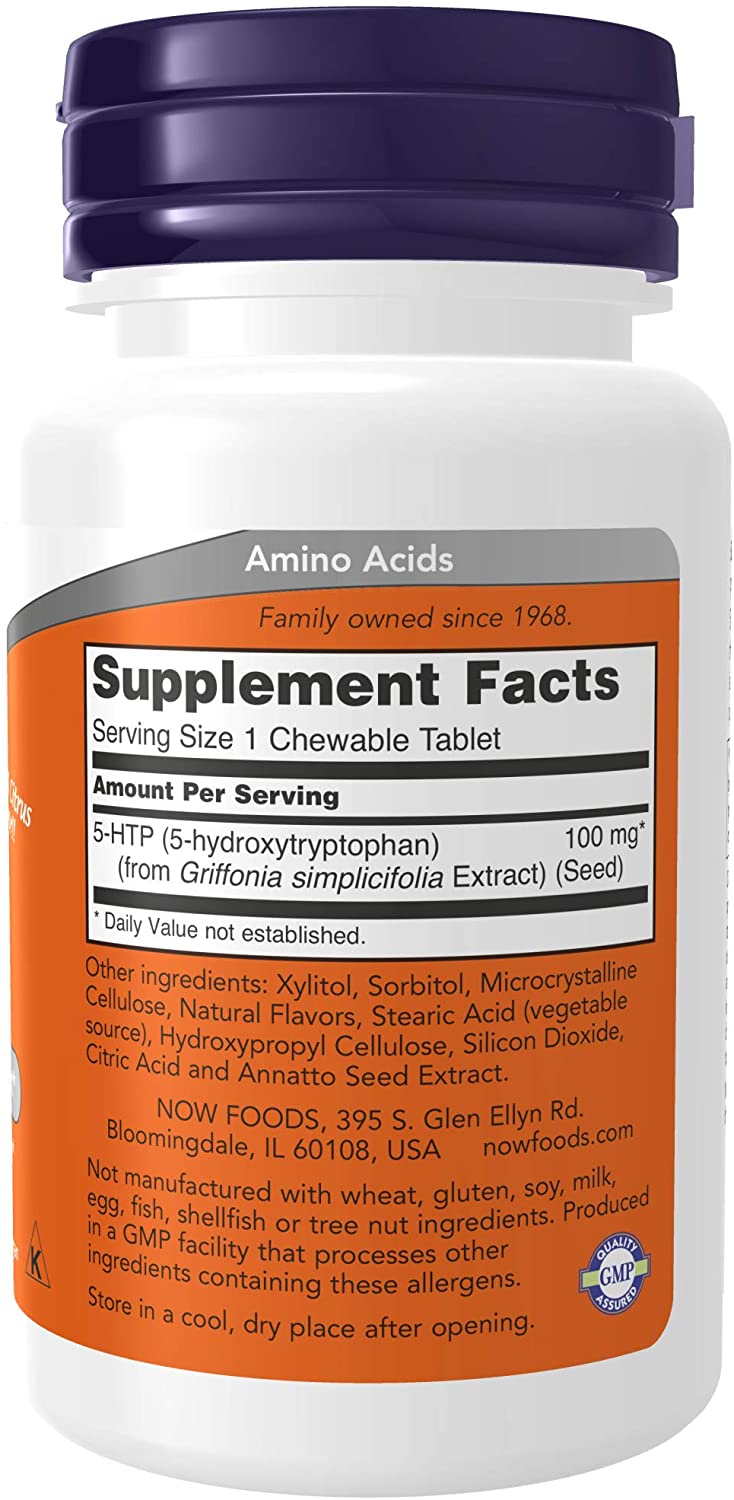 NOW Foods Supplements, 5-HTP (5-hydroxytryptophan) 100 mg, Neurotransmitter Support*, 90 Chewables