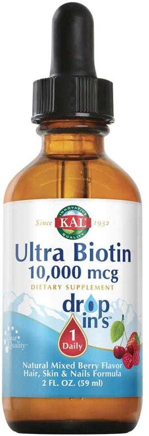 KAL Ultra Biotin DropIns 10,000 mcg Supplement | Healthy Hair Growth Formula | Skin Health and Strong Nails Support | Natural Mixed Berry Flavor | 2 ounces