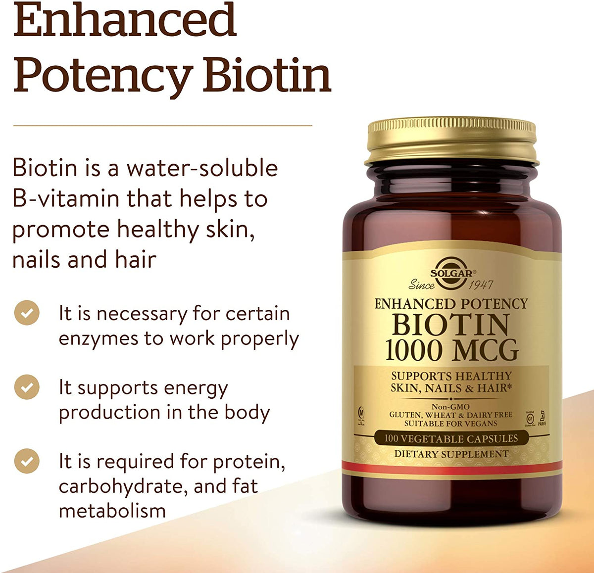 Solgar Biotin 1000 mcg - 100 Vegetable Capsules - Supports Healthy Skin, Nails &amp; Hair - Non-GMO, Vegan, Gluten Free, Dairy Free, Kosher - 100 Servings