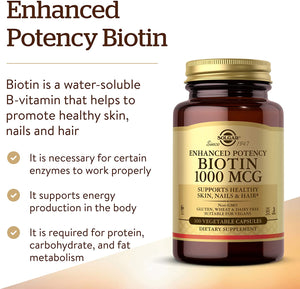 Solgar Biotin 1000 mcg - 100 Vegetable Capsules - Supports Healthy Skin, Nails & Hair - Non-GMO, Vegan, Gluten Free, Dairy Free, Kosher - 100 Servings