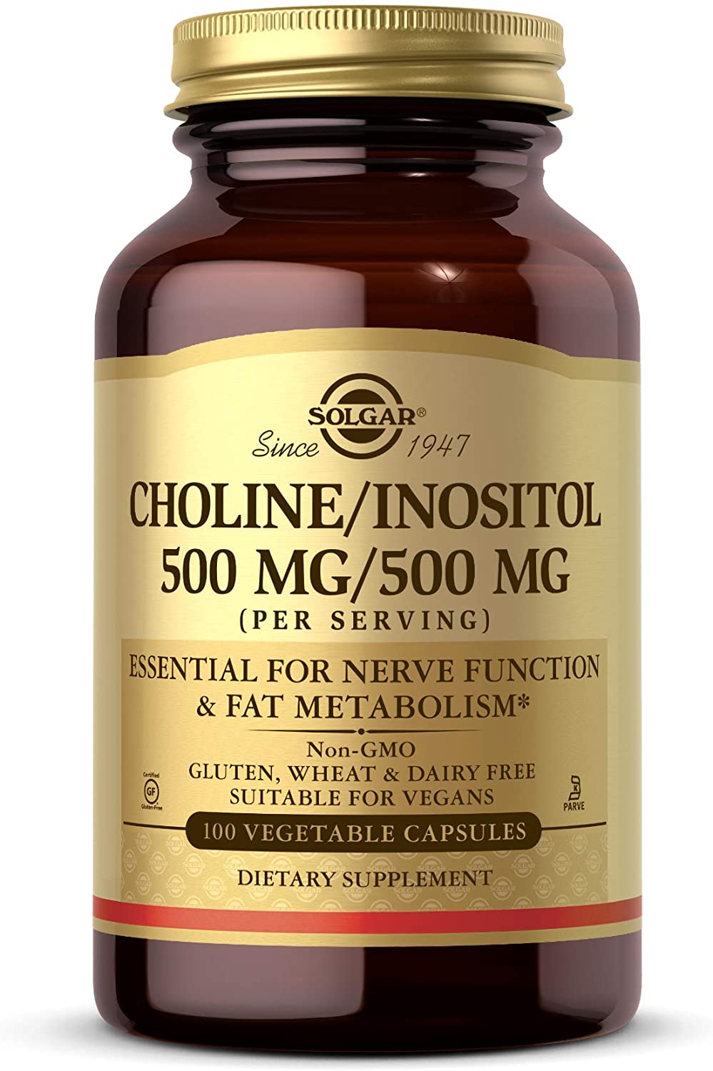 Solgar Choline/Inositol 500 mg/500 mg, 100 Vegetable Capsules - Energy Metabolism, Liver Health, Essential for Brain &amp; Nerve Function - Non-GMO, Vegan, Gluten Free, Dairy Free, Kosher - 50 Servings