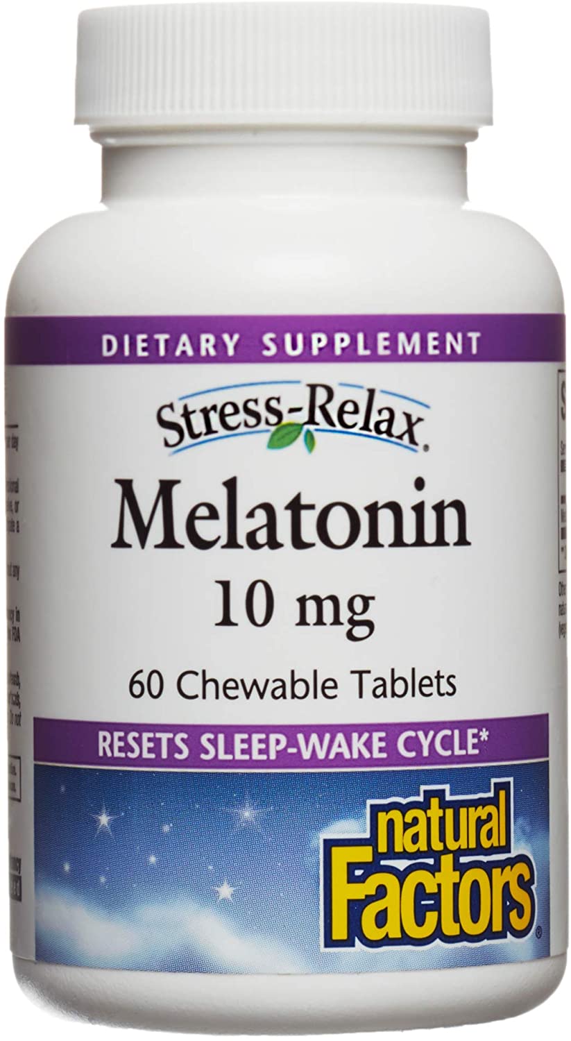 Stress-Relax Melatonin 10 mg by Natural Factors, Natural Sleep Aid, Resets the Sleep-Wake Cycle, 60 chewable tablets (60 servings), Peppermint Flavor