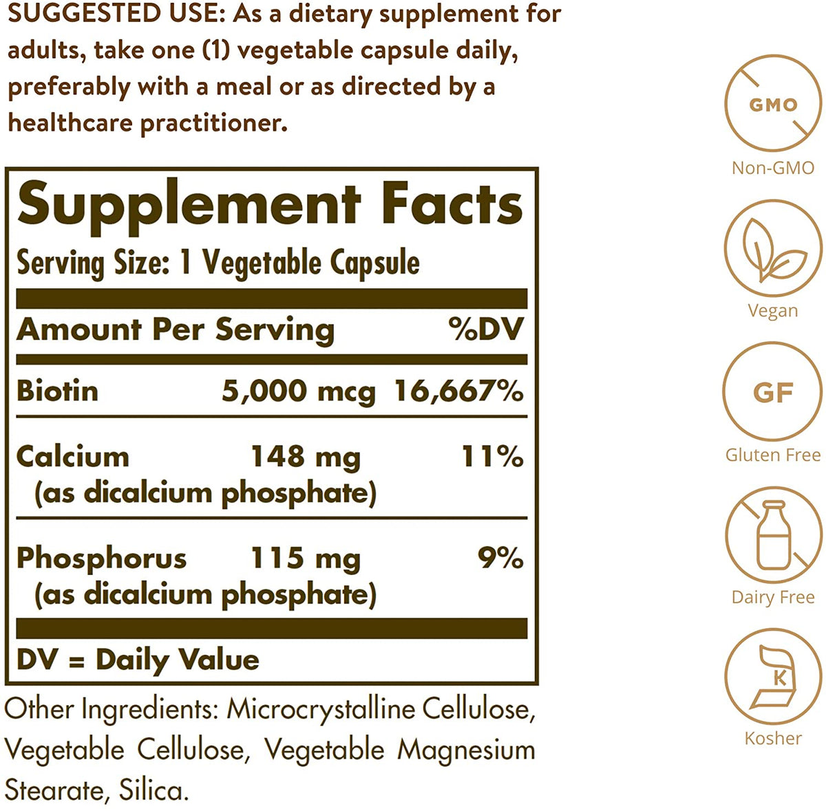 Solgar Biotin 5000 mcg - Promote Healthy Skin, Nails &amp; Hair - Supports Energy Production, Protein, Carbohydrate &amp; Fat Metabolism - Vitamin B - Non GMO, Vegan, Gluten Free - 100 Servings, Unflavored, Standard Packaging, 100 Count