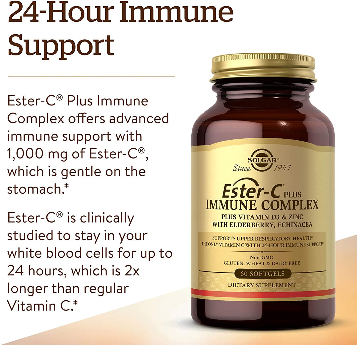 Solgar Ester-C Plus Immune Complex, 24 Hr Immune Support, Supports Upper Respiratory Health - Plus D3, Zinc, Elderberry &amp; Echinacea - Non-GMO, Gluten Free, Dairy Free - 30 Servings, 60 Softgels