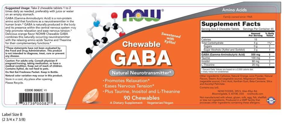 NOW Foods Supplements, GABA (Gamma-Aminobutyric Acid), Neurotransmitter Support*, Orange Flavor, 90 Chewables