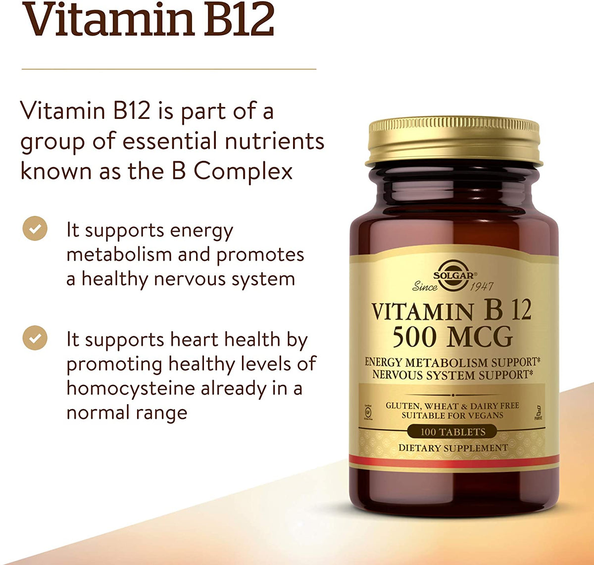 Solgar Vitamin B12 500 mcg - 100 Tablets - Vegan, Gluten Free, Dairy Free, Kosher - 100 Servings