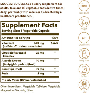 Solgar Ester-C Plus 500 mg Vitamin C (Ascorbate Complex), 100 Vegetable Capsules - Gentle & Non Acidic - Antioxidant & Immune Support - Non GMO, Vegan, Gluten Free, Kosher - 100 Servings