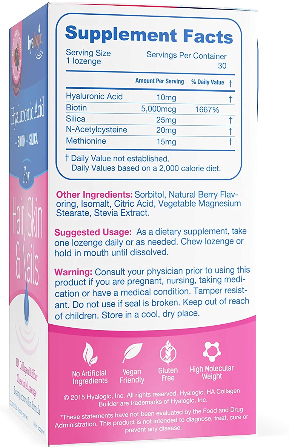 Hyalogic Hyaluronic Acid For Hair Skin &amp; Nails Mixed Berry, 30 Chewable Lozenges