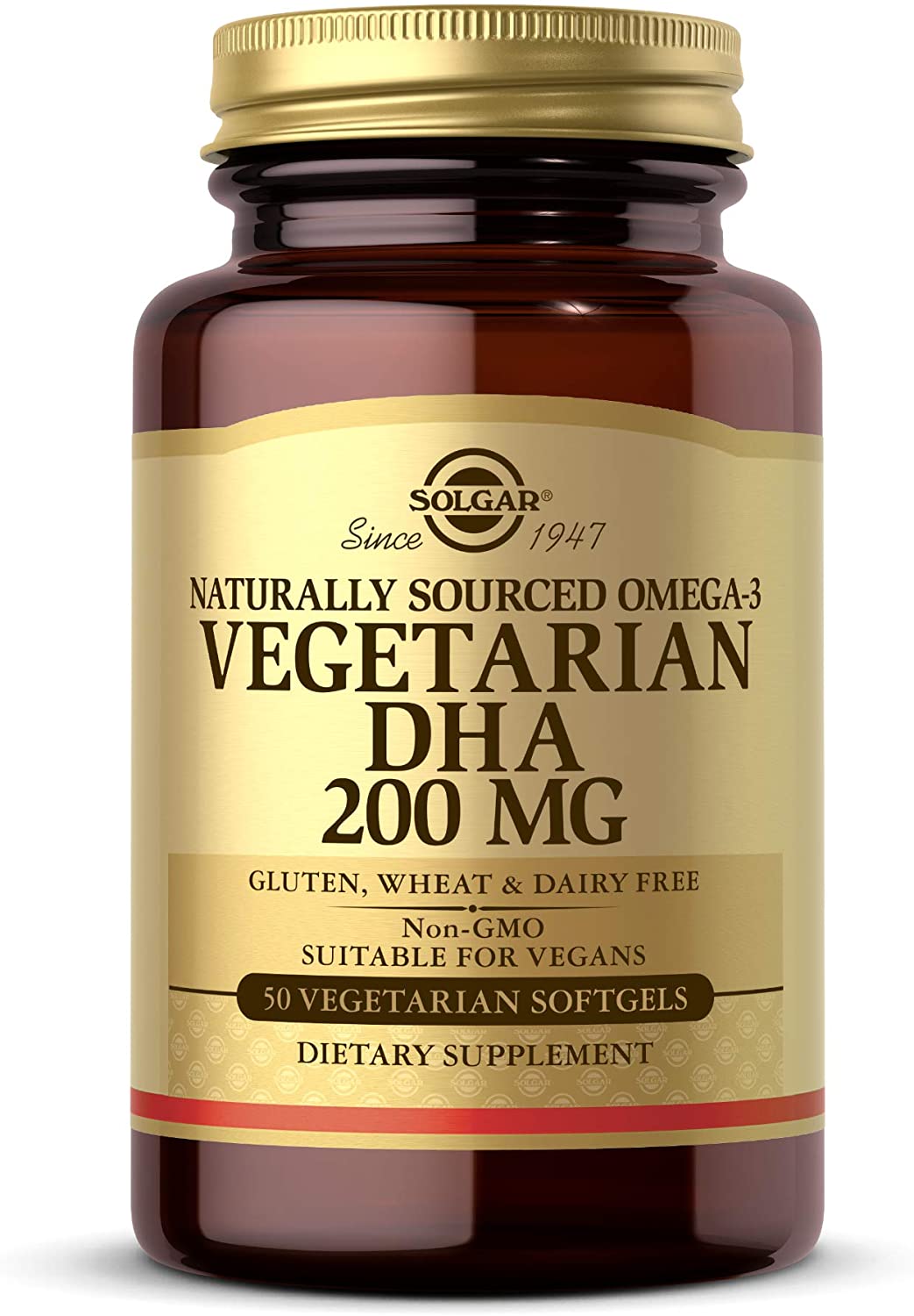 Solgar Vegetarian DHA 200 mg - 50 Vegetarian Softgels - Naturally Sourced Omega-3 - Vegan, Gluten Free, Dairy Free - 50 Servings