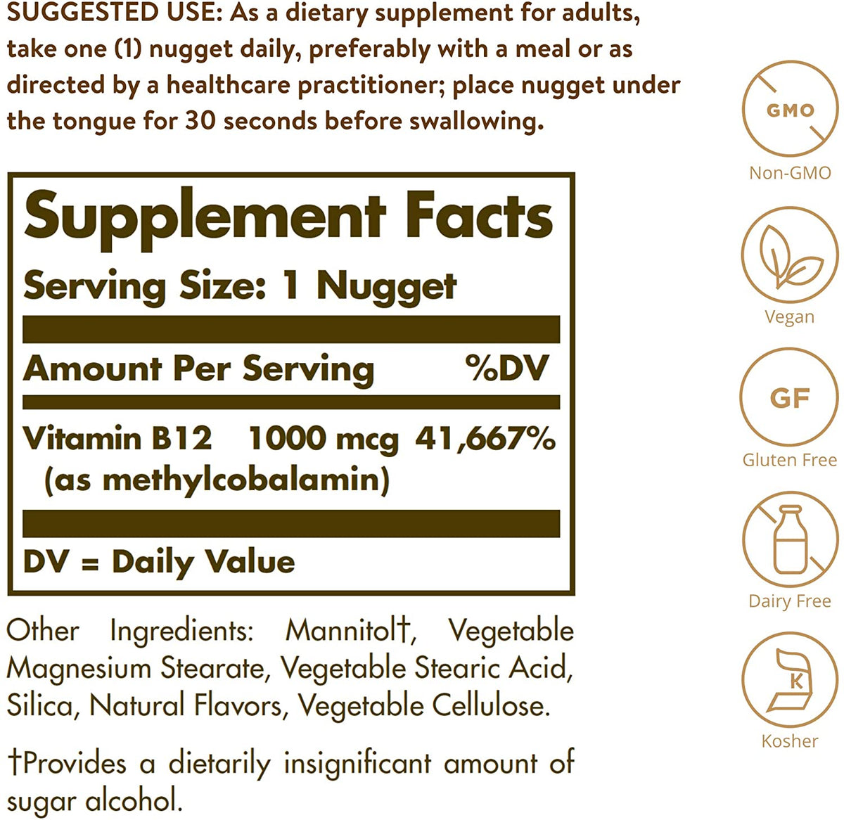 Solgar Methylcobalamin ( Vitamin B12 ) 1000 mcg , 60 Nuggets Supports Energy Metabolism - Active Form of Vitamin B12 - Non-GMO , Vegan , Gluten Free , Dairy Free , Kosher - 60 Servings