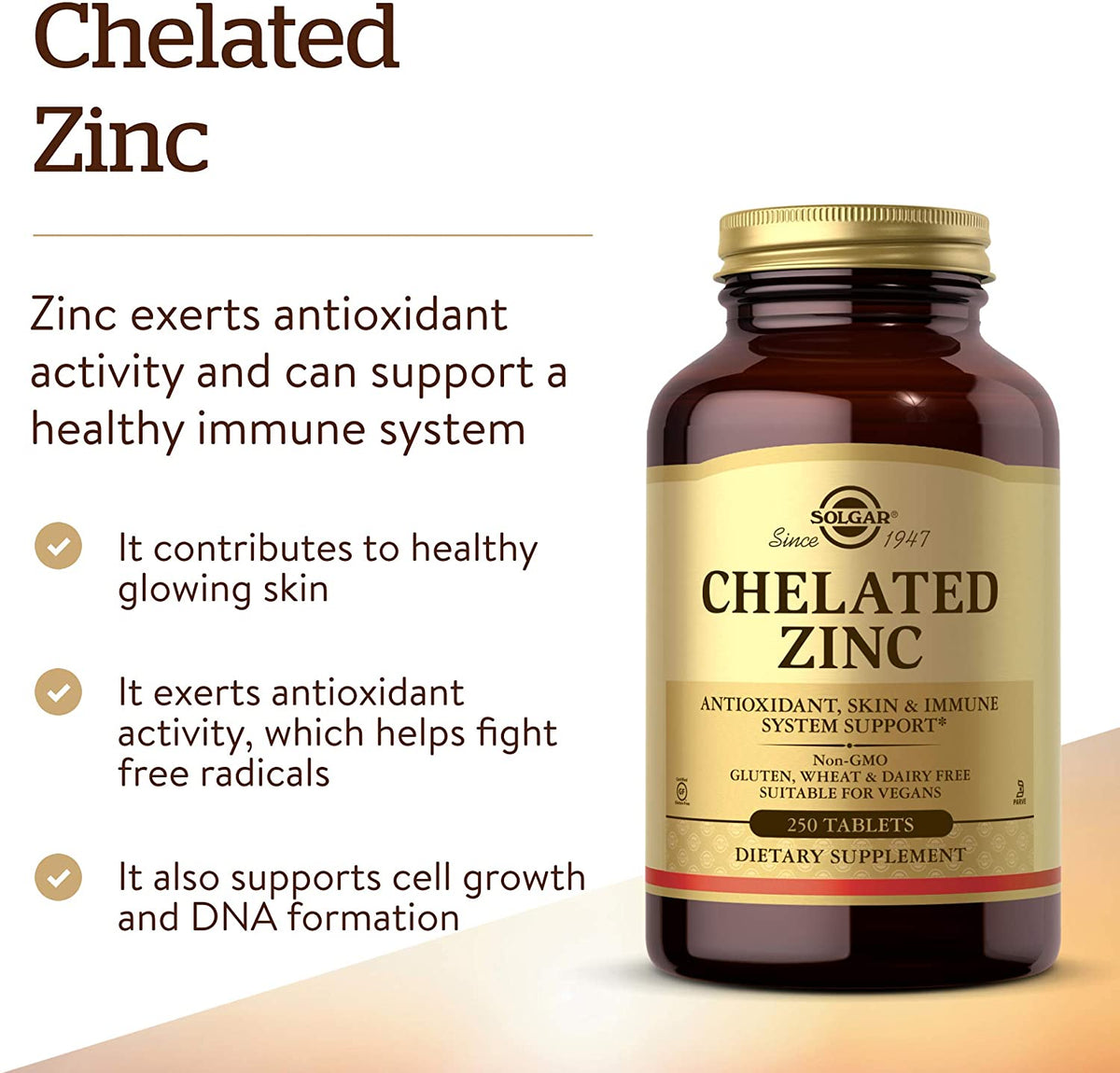 Solgar Chelated Zinc, 250 Tablets - Zinc for Healthy Skin - Supports Cell Growth &amp; DNA Formation - Exerts Antioxidant Activity - Supports A Healthy Immune System - Non GMO, Vegan - 250 Servings