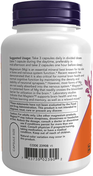 NOW Supplements, Magtein™ with patented form of Magnesium (Mg), Cognitive Support*, 90 Veg Capsules
