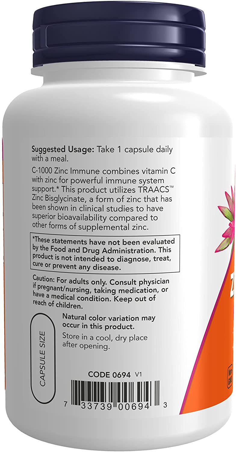 NOW Foods Supplements, C-1000 &amp; Zinc Immune, Seasonal Support Formula*, Antioxidant Protection*, 90 Veg Capsules