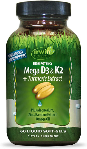 Irwin Naturals High Potency Mega D3 & K2 + Turmeric Extract, 60 Liquid Softgels