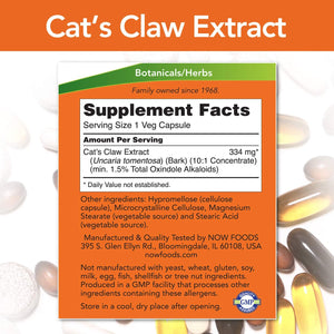 NOW Supplements, Cat's Claw Extract, 10:1 Concentrate, (1.5% Standardized Extract), 60 Veg Capsules
