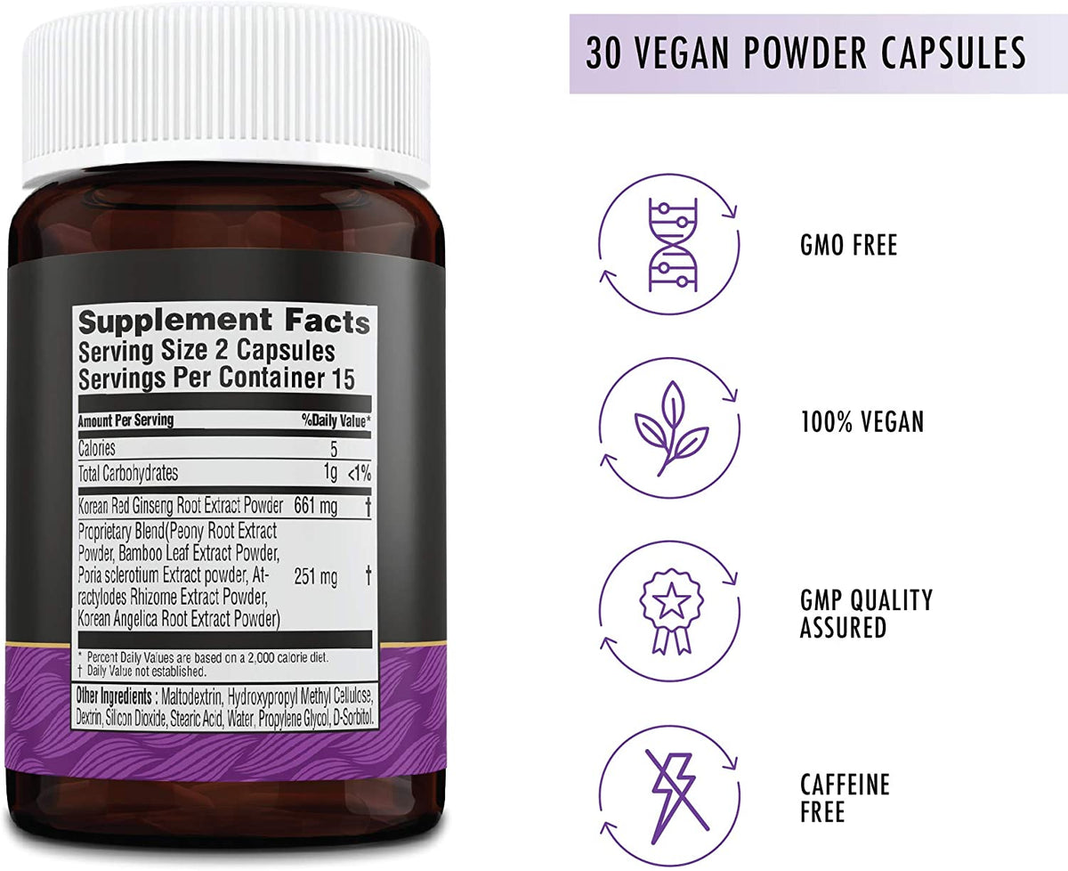 Balance Menopause Relief for Women - Genuine KGC Dietary Supplement with 6 Yrs Grown Korean Red Panax Ginseng , Peony and Bamboo Blend Helps Sluggishness, Anxiety, Focus, 30 Vegan Capsules