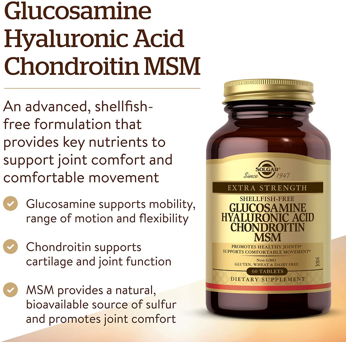 Solgar Glucosamine Hyaluronic Acid Chondroitin MSM (Shellfish-Free), 60 Tablets - Joint Support &amp; Comfort - Supports Active Lifestyles - Non-GMO, Gluten Free, Dairy Free - 20 Servings