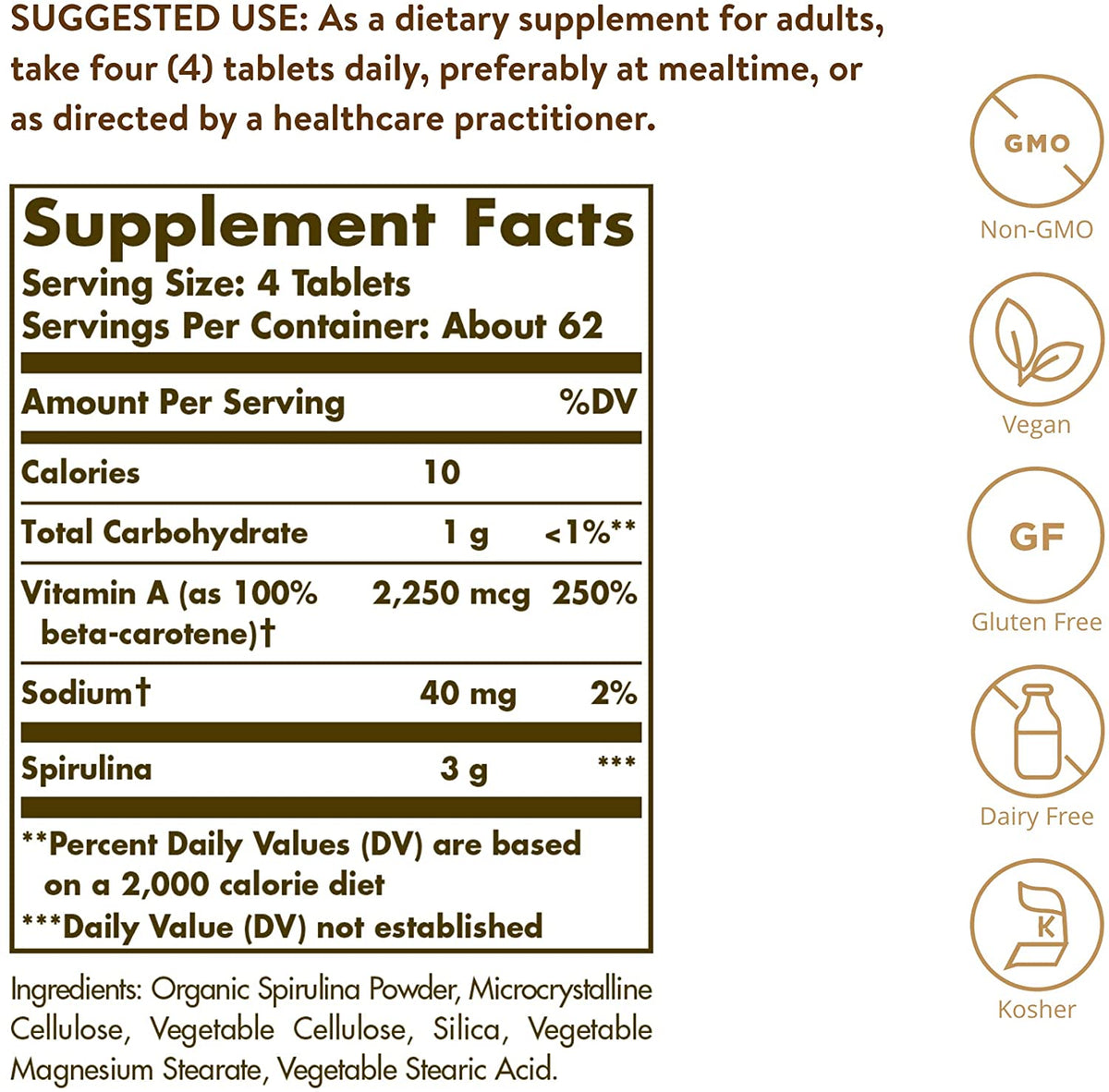 Solgar Spirulina, 750 mg, 250 Tablets