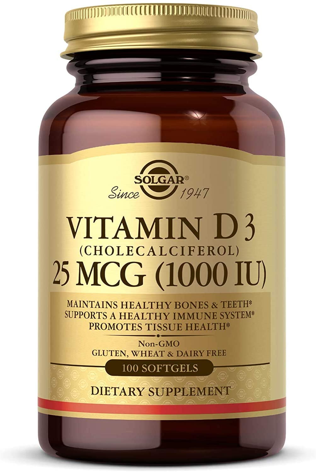 Solgar Vitamin D3 (Cholecalciferol) 25 mcg (1000 IU) - 100 Softgels - Helps Maintain Healthy Bones &amp; Teeth - Immune System Support - Non-GMO, Gluten Free, Dairy Free - 100 Servings