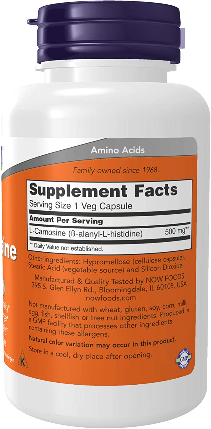 NOW Foods Supplements, L-Carnosine (Beta-Alanyl-L-Histidine) 500 mg, Healthy Aging, 100 Veg Capsules