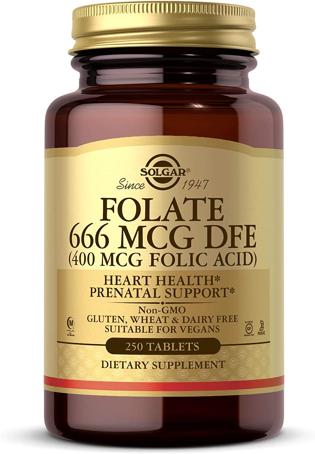 Solgar Folate 666 mcg DFE (Folic Acid 400 mcg) - 250 Tablets - Prenatal Support - Non-GMO, Vegan, Gluten Free, Dairy Free, Kosher - 250 Servings