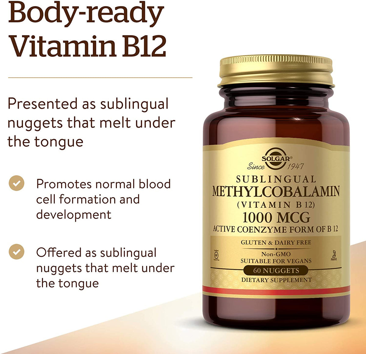 Solgar Methylcobalamin ( Vitamin B12 ) 1000 mcg , 60 Nuggets Supports Energy Metabolism - Active Form of Vitamin B12 - Non-GMO , Vegan , Gluten Free , Dairy Free , Kosher - 60 Servings