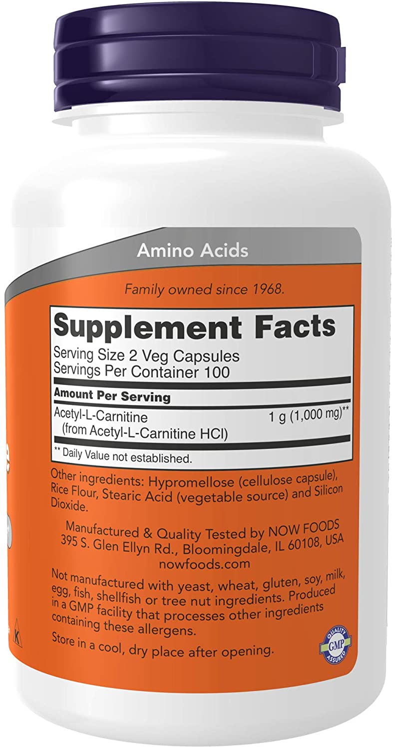 NOW Foods Supplements, Acetyl-L Carnitine 500 mg, Amino Acid, Brain And Nerve Cell Function*, 200 Veg Capsules