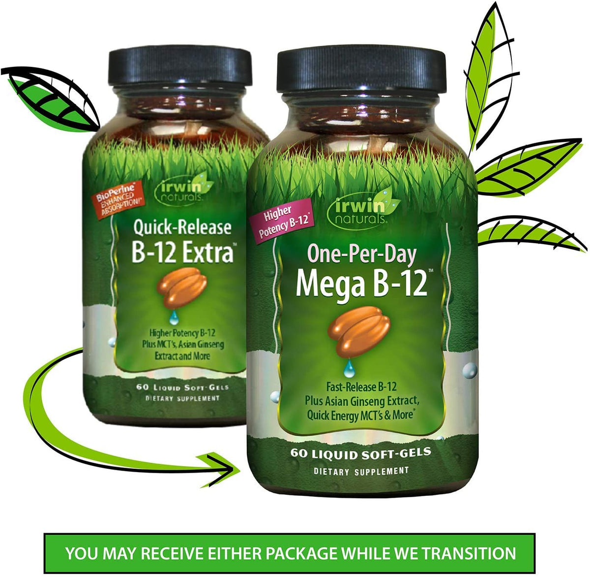 Irwin Naturals One-Per-Day Mega B-12 1,500mcg High Potency Methylcobalamin Vitamin - Fast Enhanced Absorption with MCT + Asian Ginseng - Natural Energy Boost - 60 Liquid Softgels