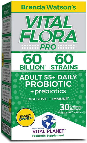 Vital Planet - Vital Flora Adult 55+ Probiotic Supplement with 60 Billion Cultures and 60 Strains, High Potency and Strain Diversity Probiotics for Women and Men with Organic Prebiotics, 30 Capsules