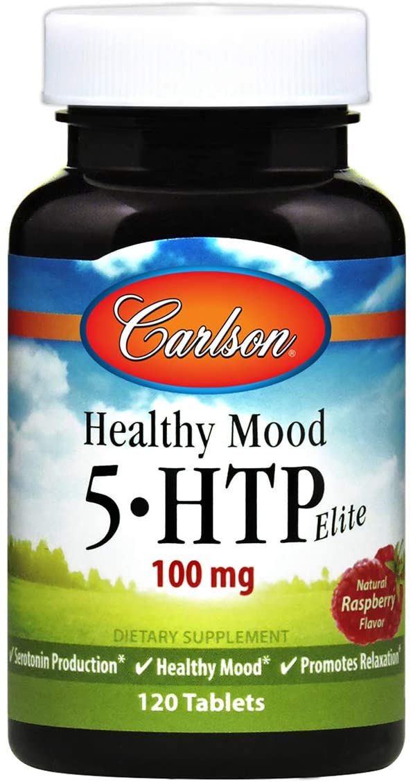 Carlson - Healthy Mood 5-HTP Elite, 100 mg, Serotonin Production, Healthy Mood &amp; Promotes Relaxation, Natural Raspberry Flavor, 120 Tablets