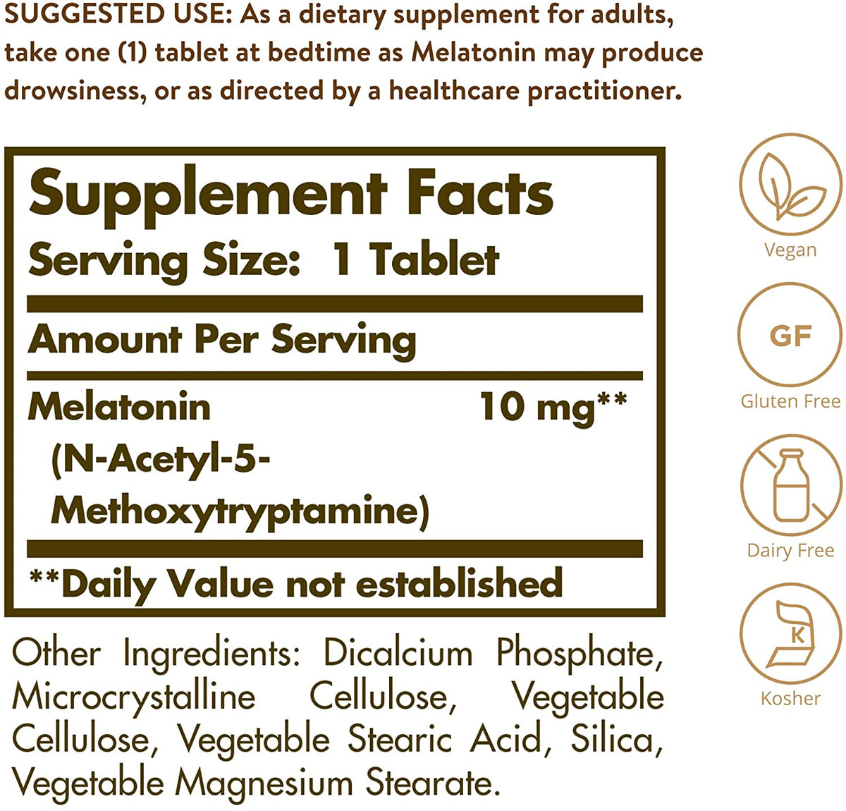 Solgar Melatonin 10mg Tablets HighDosage Helps Promote Relaxation Sleep ClinicallyStudied Melatonin Supports Natural Sleep Cycle Vegan Gluten Free Dairy Free Kosher Servings, 60 Count