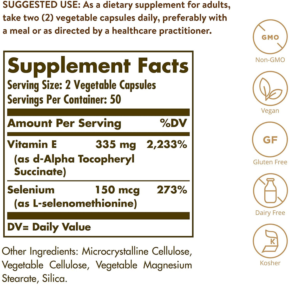 Solgar Dry Vitamin E with Yeast-Free Selenium, Advanced Antioxidant Support - Immune &amp; Skin Support - Non-GMO, Vegan, Gluten Free, Dairy Free, Kosher - 100 Count