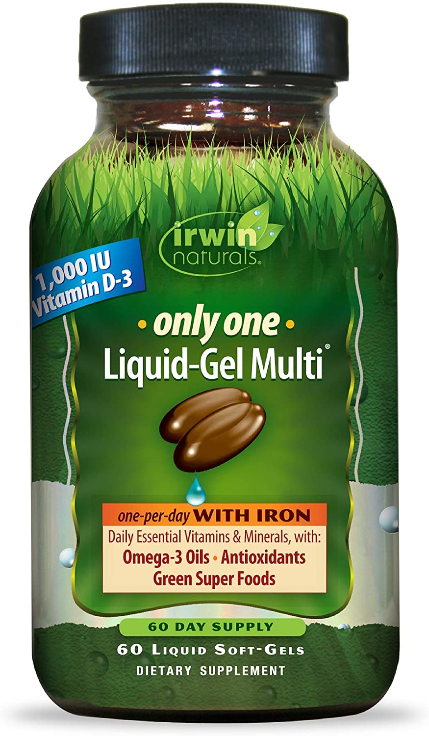 Irwin Naturals Only One Liquid-Gel Multi with Iron - 60 Liquid Softgels - Daily Essential Vitamins, Minerals, Antioxidants, Omega-3s &amp; Green Super Foods