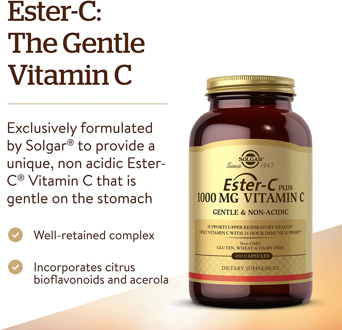 Solgar Ester-C Plus 1000 mg Vitamin C with Citrus Bioflavonoids - 100 Capsules - Gentle &amp; Non Acidic - 24-Hour Immune Support, Supports Upper Respiratory Health - Non-GMO, Gluten Free - 100 Servings