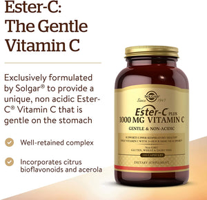 Solgar Ester-C Plus 1000 mg Vitamin C with Citrus Bioflavonoids - 100 Capsules - Gentle & Non Acidic - 24-Hour Immune Support, Supports Upper Respiratory Health - Non-GMO, Gluten Free - 100 Servings