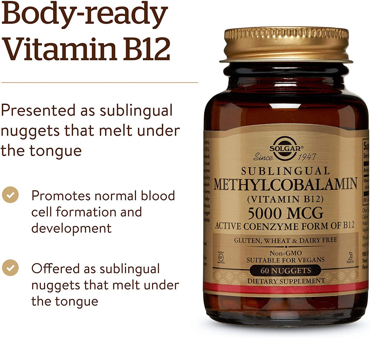 Solgar Methylcobalamin (Vitamin B12) 5000 mcg, 60 Nuggets - Cherry Flavor - Supports Energy Metabolism - Body-Ready, Active Form - Non-GMO, Vegan, Gluten Free - 60 Servings