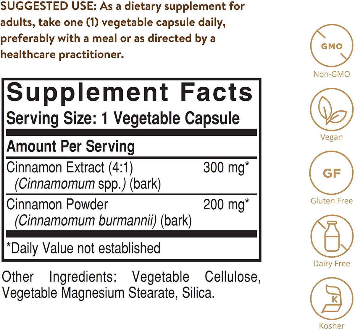 SOLGAR Cinnamon - 100 Vegetable Capsules - Full Potency (FP) - Non-GMO, Vegan, Gluten Free, Dairy Free, Kosher - 100 Servings