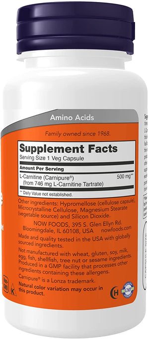 NOW Supplements, L-Carnitine 500mg, Purest Form, Amino Acid, Fitness Support*, 60 Veg Capsules