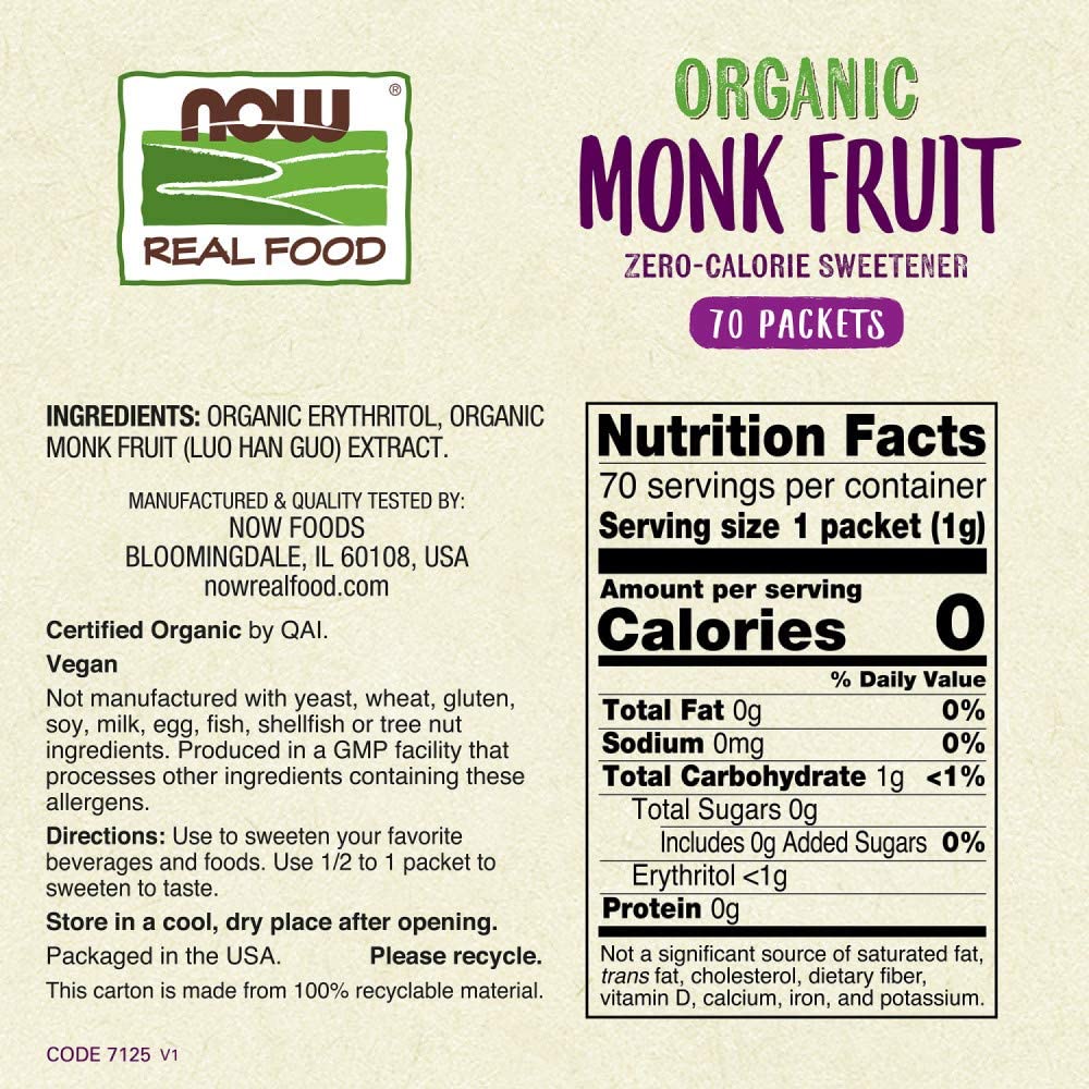 Organic Monk Fruit Zero-Calorie Sweetener, 70 Packets, 2.47 oz (70 g)