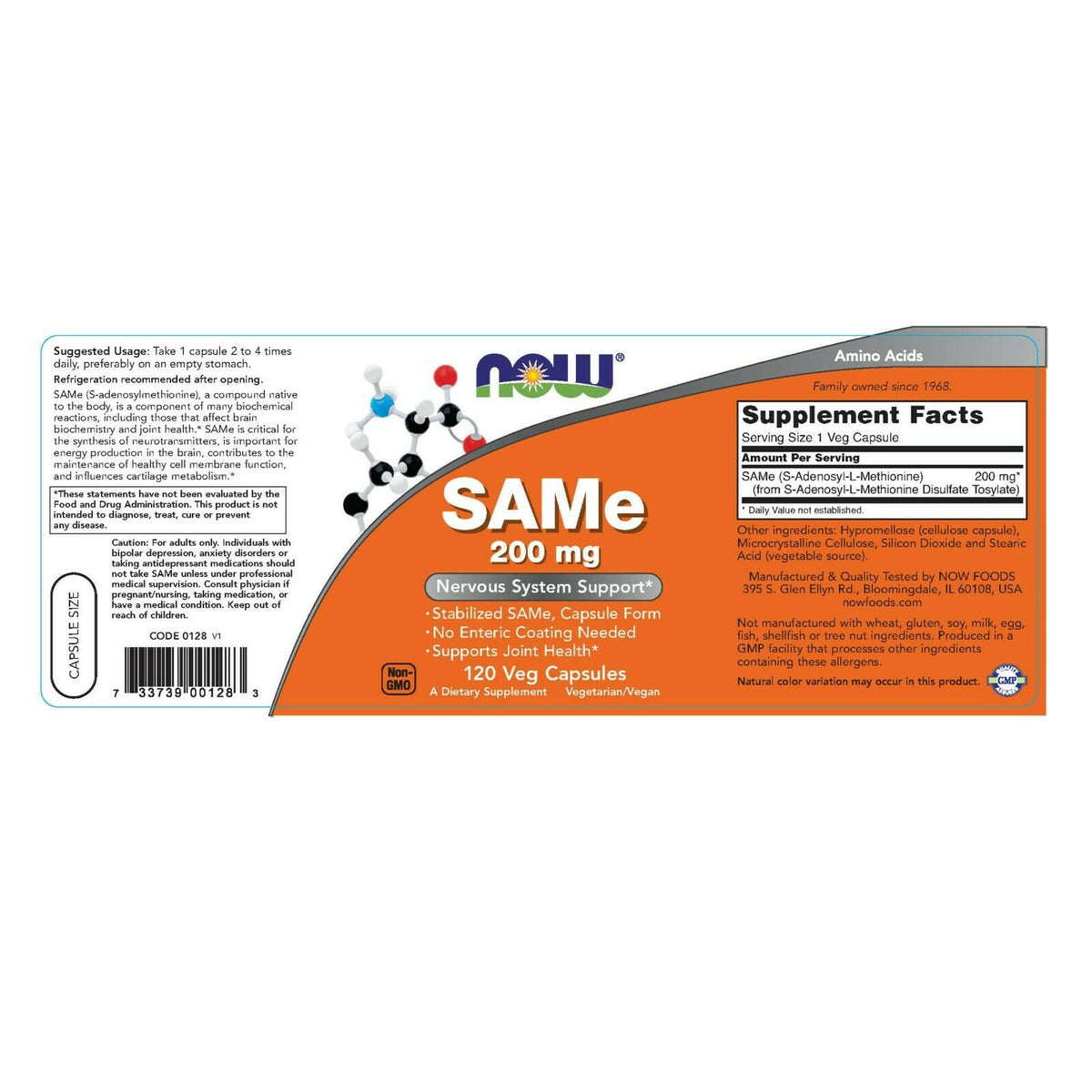NOW Foods Supplements, SAMe (S-Adenosyl-L-Methionine)200 mg, Nervous System Support*, 120 Veg Capsules