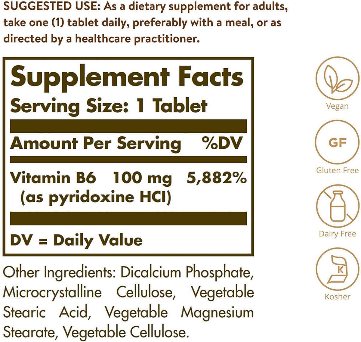 Solgar Vitamin B6 100 mg, 100 Tablets - Supports Energy Metabolism, Heart Health &amp; Healthy Nervous System - B Complex Supplement - Vegan, Gluten Free, Dairy Free, Kosher - 100 Servings